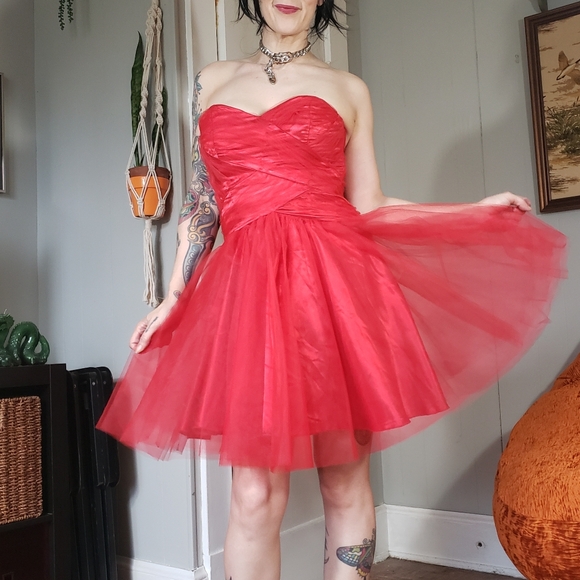 SOLD 80s Vintage Red Tulle Minidress Medium Sheer 1980s Prom Party Mini Dress - Picture 1 of 15